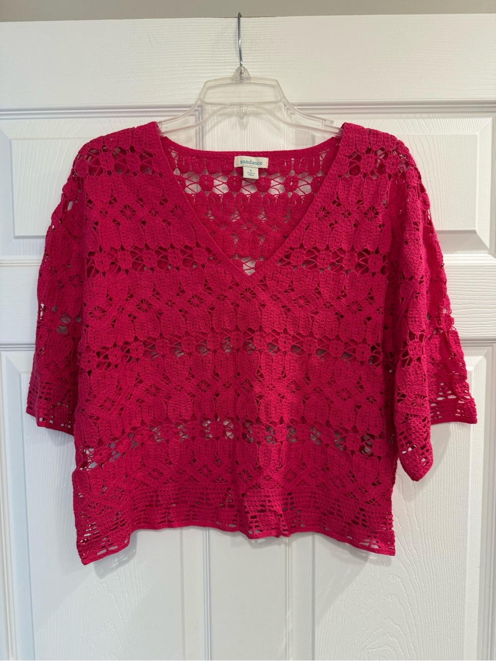 Sundance Crochet Crop Blouse Pink Women’s Small 100% Cotton Short Sleeve Boho